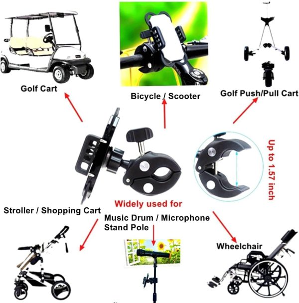 Cell Phone Holder Mount for Golf Cart,Golf Push Cart,Bicycle/Motorcycle/Scooter,Exercise Spin Bike,Treadmill,Microphone/Drum Stand,Stroller,Boat,Fits for Most Smartphones,Adjustable & Stable - Image 2