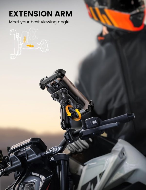 Motorcycle Phone Mount Holder - [Metal Extension Arm] [Dual Vibration Dampener] Motorcycle Cell Phone Mount, Bike Phone Handlebar Clamp for iPhone 16 15 14 13 Pro Max Plus, 4.7-6.7" Smartphone - Image 2