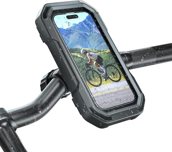 Waterproof Bike Phone Holder - 360 Rotation Motorcycle Phone Mount, Fully Enclosed Touch Sensitive Design, Bicycle Phone Clamp Compatible with iPhone 16 Pro Max/15/14/13/12,4-6.7” Phones