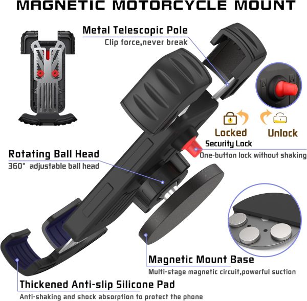 Motorcycle Magnetic Phone Mount,Heavy Duty Adjustable Magnetic Cell Phone Holder with Security Lock,Anti Shake 360° Rotation,Compatible with Motorcycles,ATV,UTV,Golf Cart,Car,Cruises - Image 2