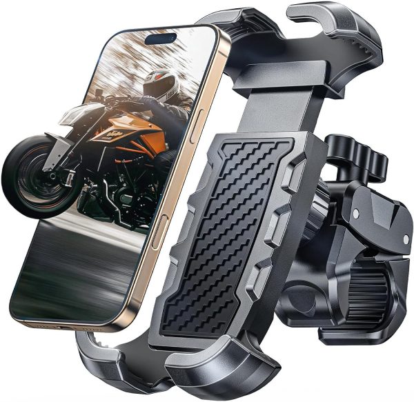 Motorcycle Phone Mount, [Heavy-Duty Clamp] & [All-Around Secure] Phone Holder for Bike Motorcycle Bicycle Scooter Handlebar, [1s Put & Take] Cell Phone Clip Compatible with 4.7"-6.8" Phones